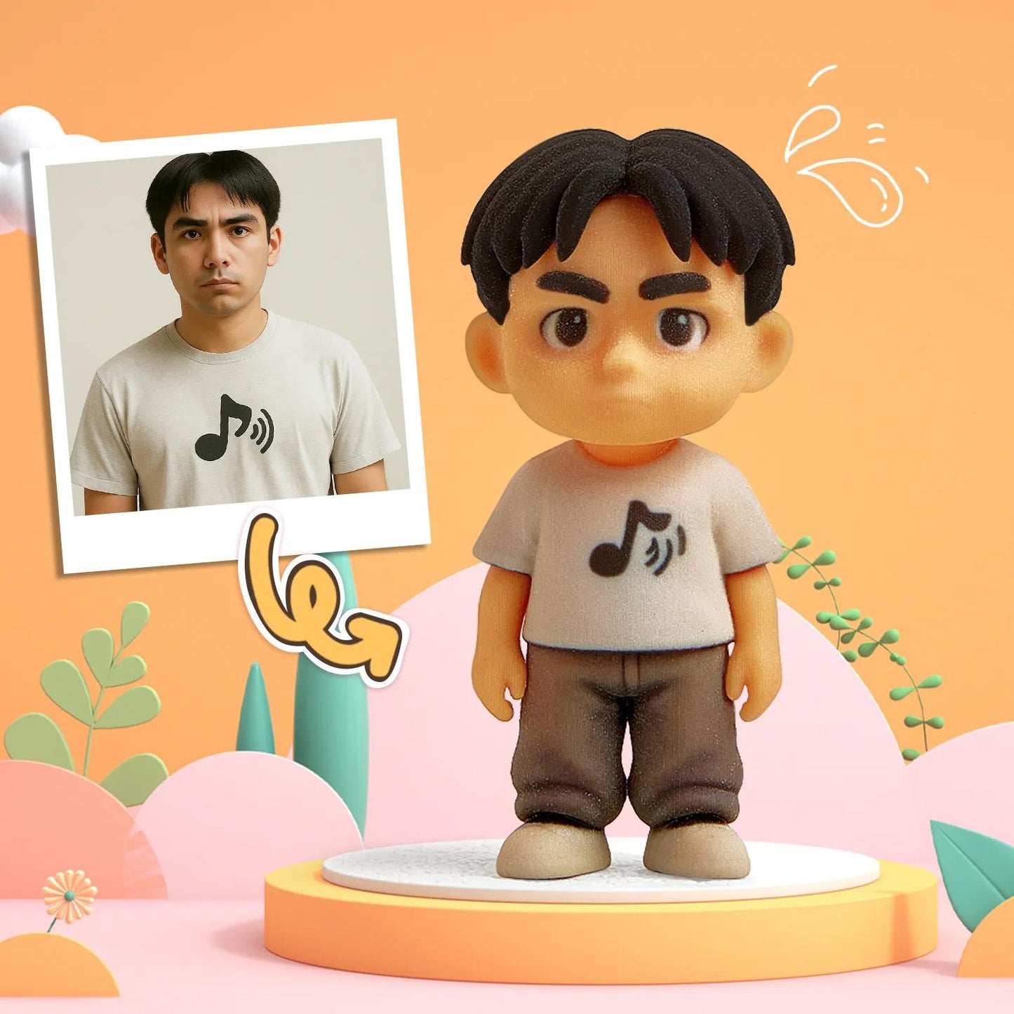 Custom Cute 3D Mini Figure Office Desk Figurine Based on Your Picture（ Includes Engraved Wooden Base）